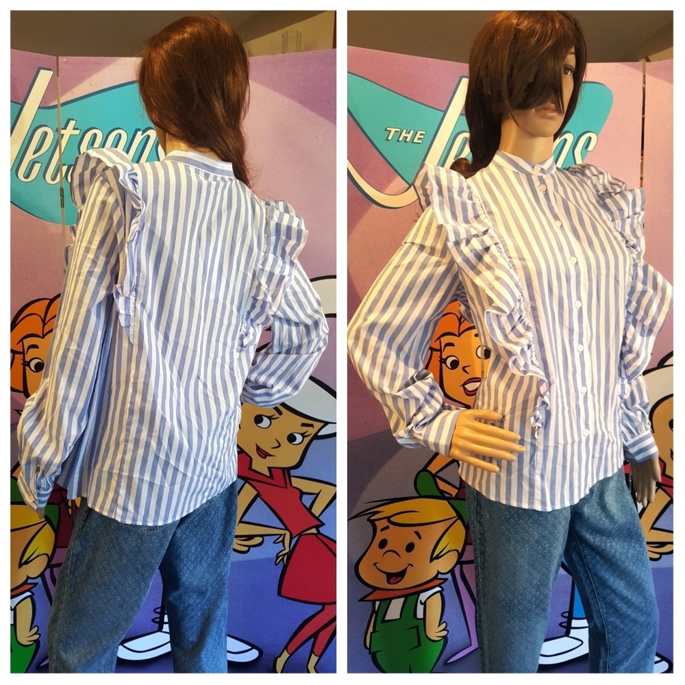 ⬇️ Ruffled Poplin Retro Blouse White & Blue Stripe